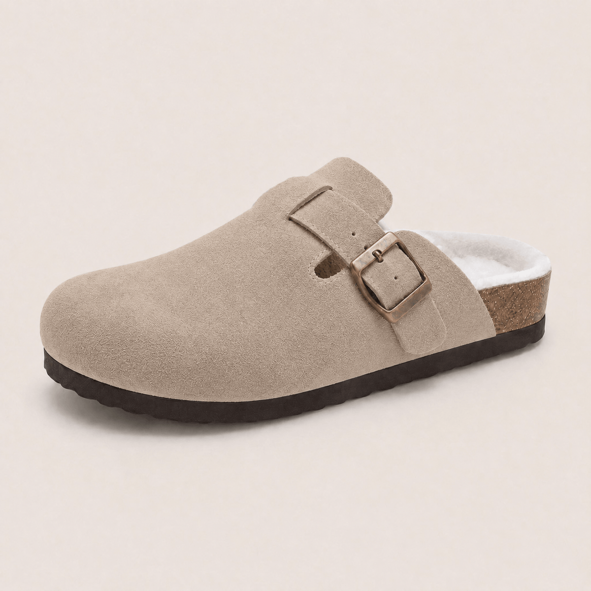 The Faux Fur-Lined Suede Clog in Taupe