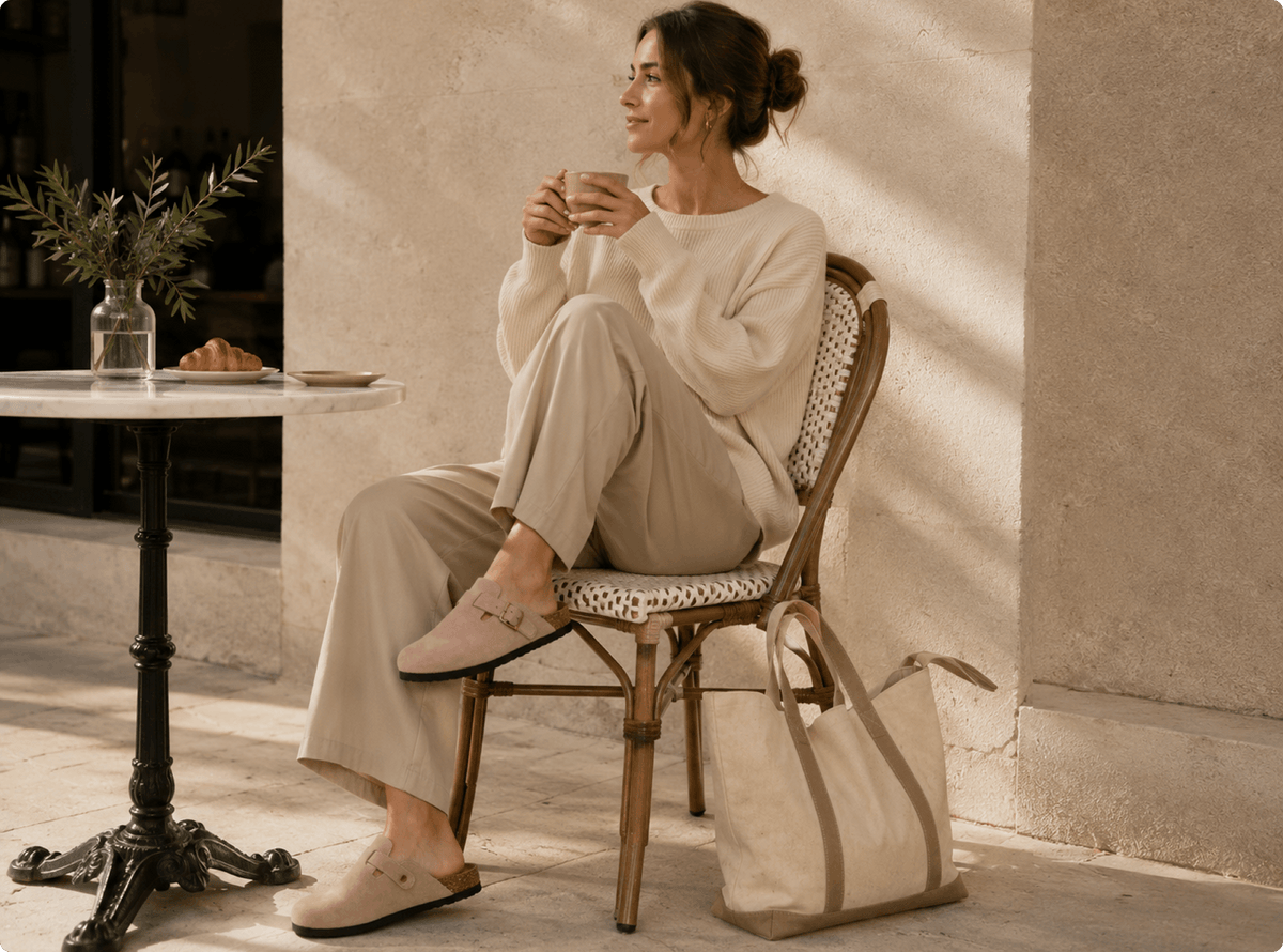 Woman relaxing at a café table wearing suede clogs